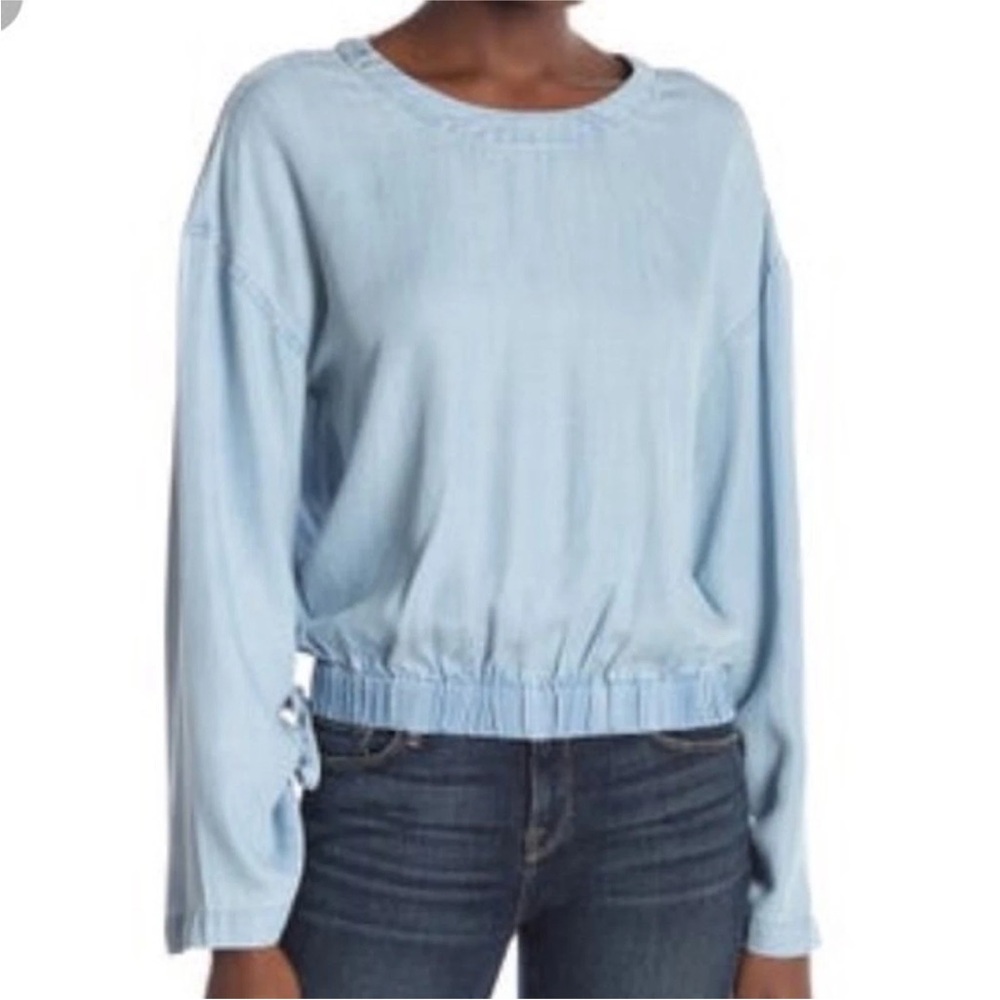 Frame Denim Light Blue Cinched Chambray Top Ties at Back and Cuff of Long Sleeve